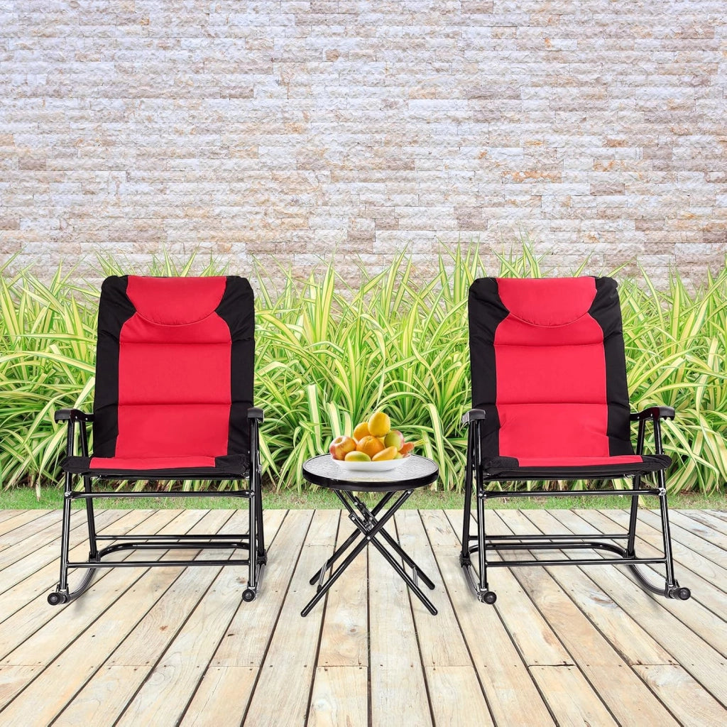 Set di 3 sedie a dondolo, pieghevoli, da balcone, con 1 tavolino e 2 sedie a dondolo, da giardino, per esterni, balcone, set per 2 persone, per balcone, giardino (rosso)