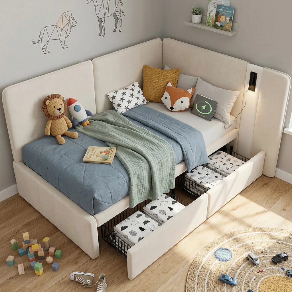 Letto Imbottito con Cassetti e Luce LED ¨C MINIMAL ¨C Velluto Beige 90x200