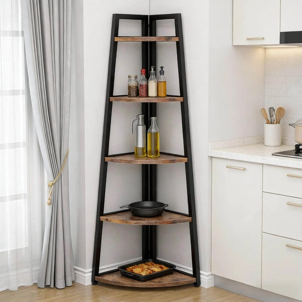 Libreria angolare ULEVR a 5 ripiani, scaffale da angolo in metallo e legno, nero e marrone rustico