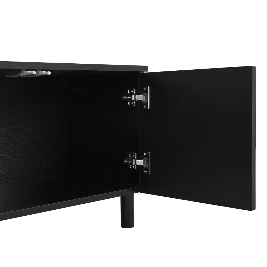 Mobile porta TV con 5 ante, fori passacavi e piedini in metallo, per soggiorno, in MDF e PB, nero, 180 × 38 × 45 cm
