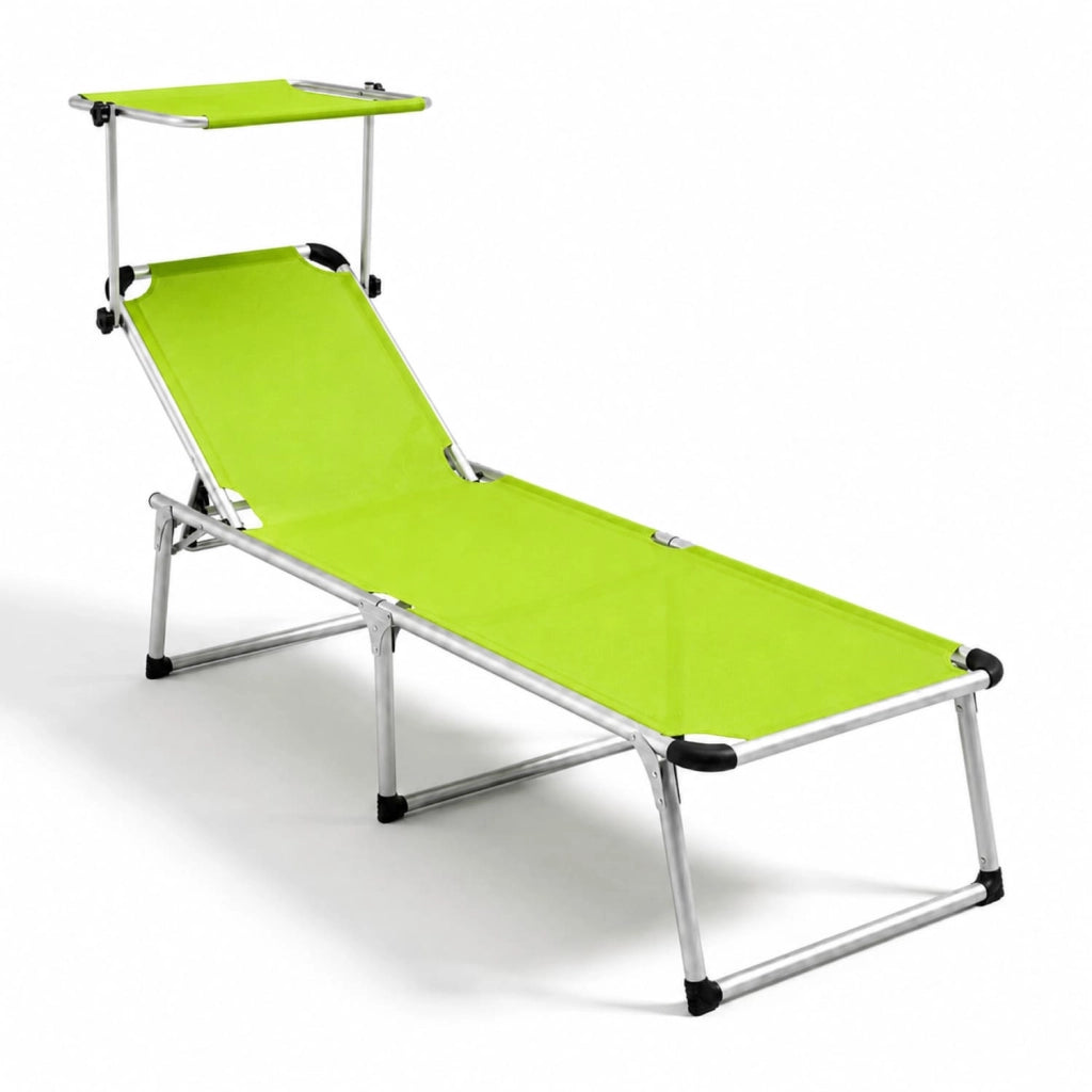 Sedia Sdraio Per Spiaggia Mare Giardino Piscina Lettino Pieghevole Prendisole Con Tettuccio Parasole Schienale Reclinabile Regolabile In 6 Posizioni Struttura In Alluminio 187 X 59 X 29 Cm Verde Fluo