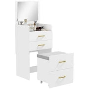 Tavolo da toeletta 3-in-1 con specchio, comodino, sgabello a rotelle, cassetti, Bianco