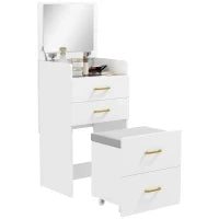 Tavolo da toeletta 3-in-1 con specchio, comodino, sgabello a rotelle, cassetti, Bianco
