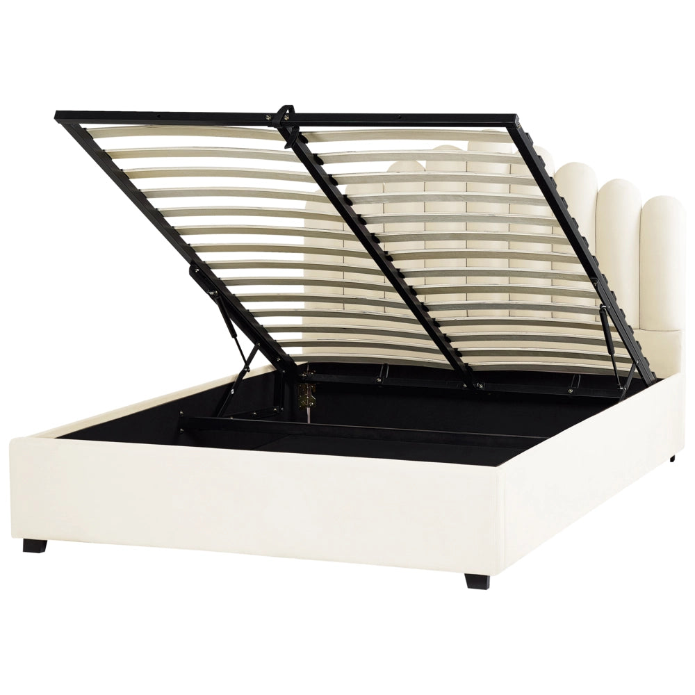 Letto contenitore matrimoniale rete a doghe velluto bianco sporco 160 x 200 testiera a conchiglia