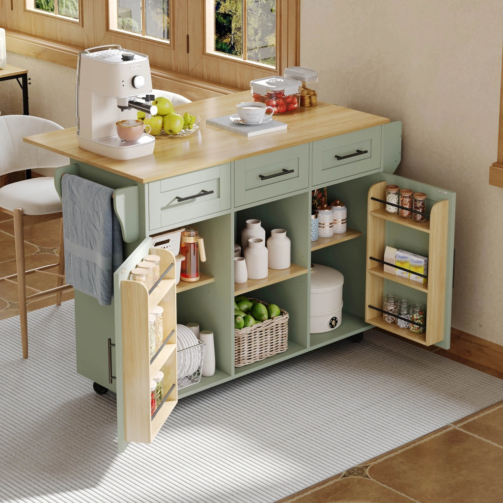 Carrello cucina con piano ribaltabile, contenitore interno e ruote, colore verde antico, 139x46(71)x91,5 cm