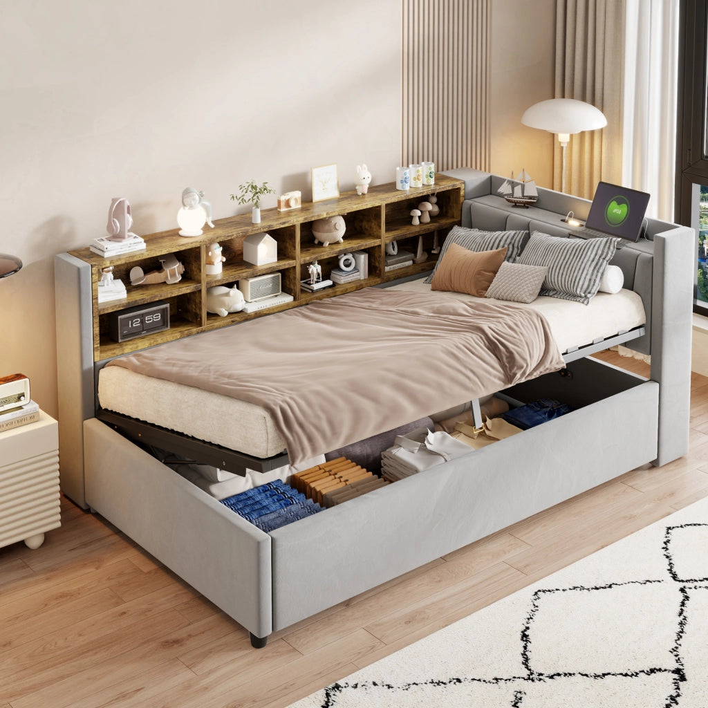 LETTO imbottito 90x200 cm in velluto grigio con testiera multifunzione