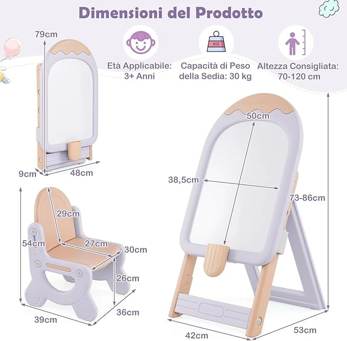 Lavagna Cancellabile con Sedia per Bambini, Set Tavolo e Sedie per Bambini con Scatola Portaoggetti, Piedini Antiscivolo, Cancellino e Pennarelli, Cavalletto per Cameretta (Rosa)