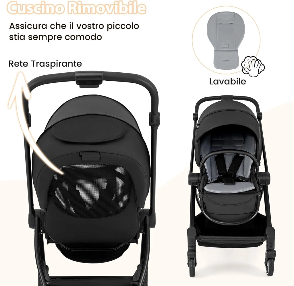 Passeggino per Bambini Reversibile, Passeggino Pieghevole per Neonati con Schienale Reclinabile, Cappotta Regolabile, Cestello Portaoggetti, per Neonati 0-36 Mesi, Portata 15 kg (Nero)