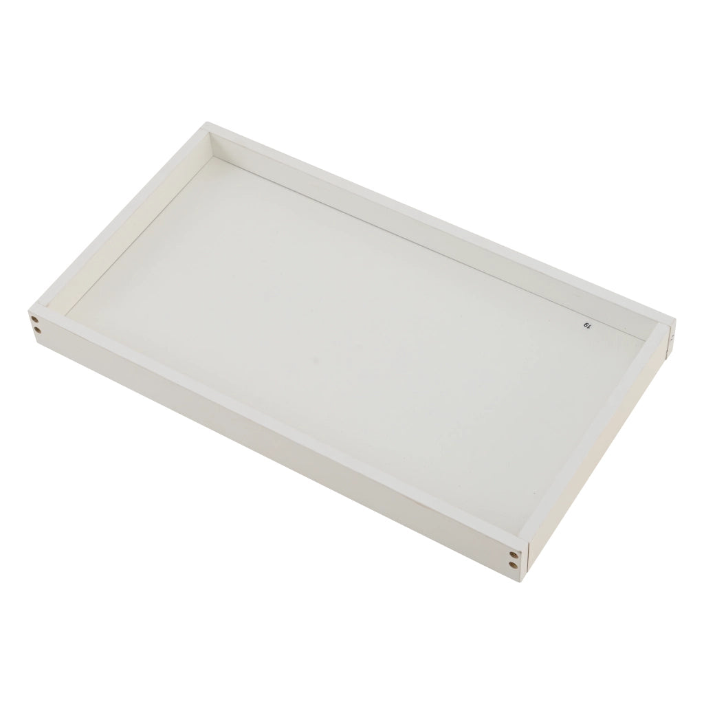 Tavolino da caffè 90 x 45 x 35,5 cm bianco lucido con vassoio estraibile, 2 cassetti, LED e piano in vetro temperato
