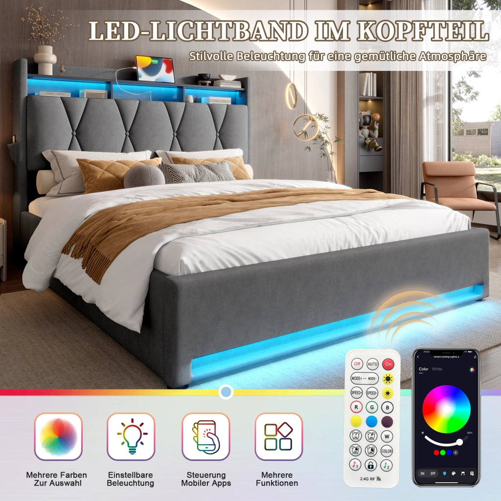 LETTO Imbottito 160x200 cm in velluto grigio con LED, USB e vano contenitore