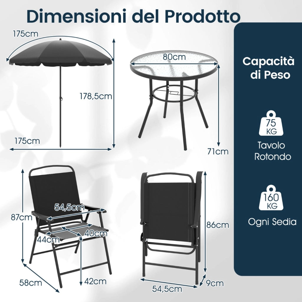 Tavolo e sedie da esterno con 4 poltrone pieghevoli e tavolo rotondo in vetro temperato-Set da pranzo da giardino a 6 pezzi con ombrellone Nero