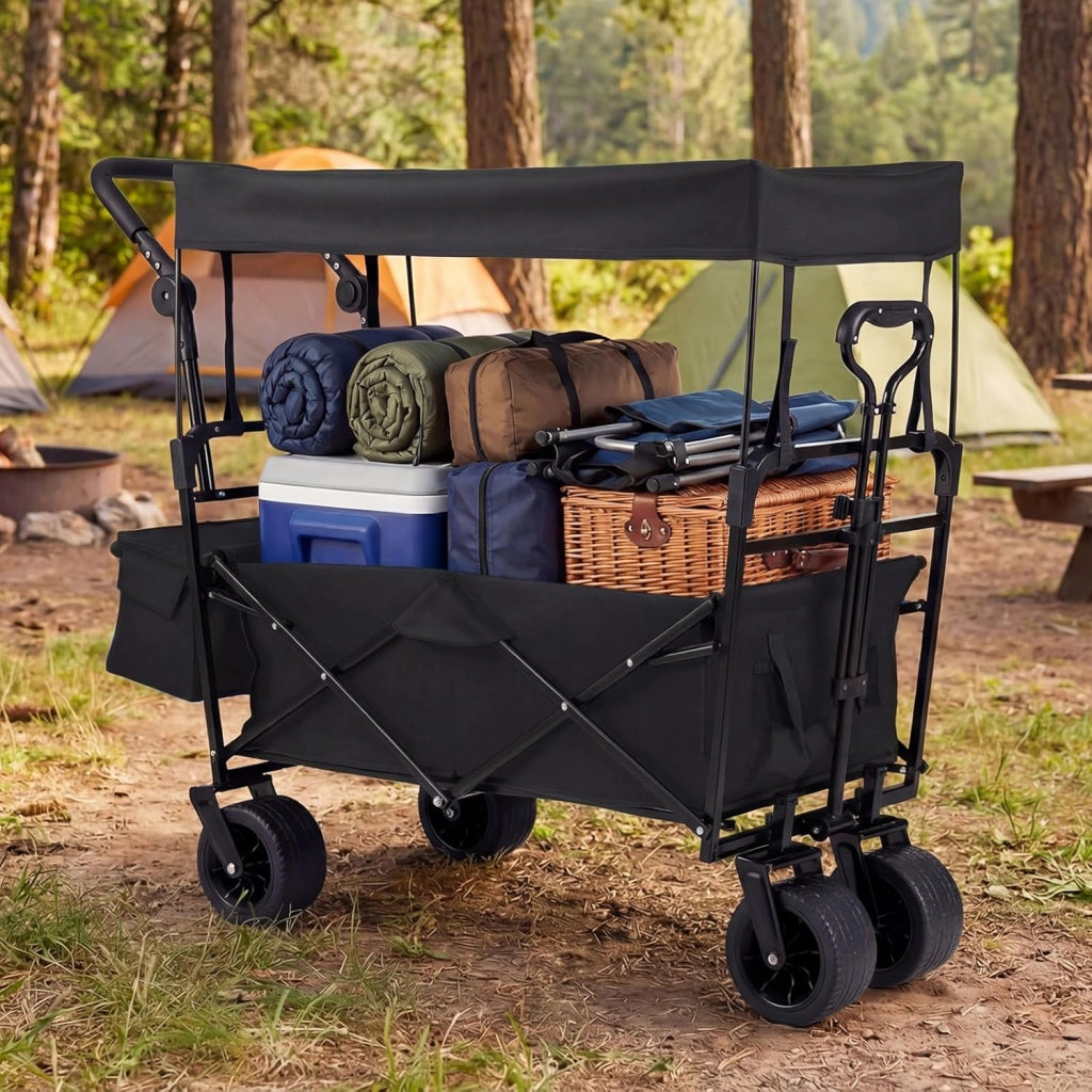 Carrello Pieghevole con Tetto, Carrello Trasportabile con Maniglia Regolabile, Borsa Portaoggetti e Ruote Grandi, Carrello da Giardino Capacità 100L, per Campeggio e Animali Domestici (Nero)