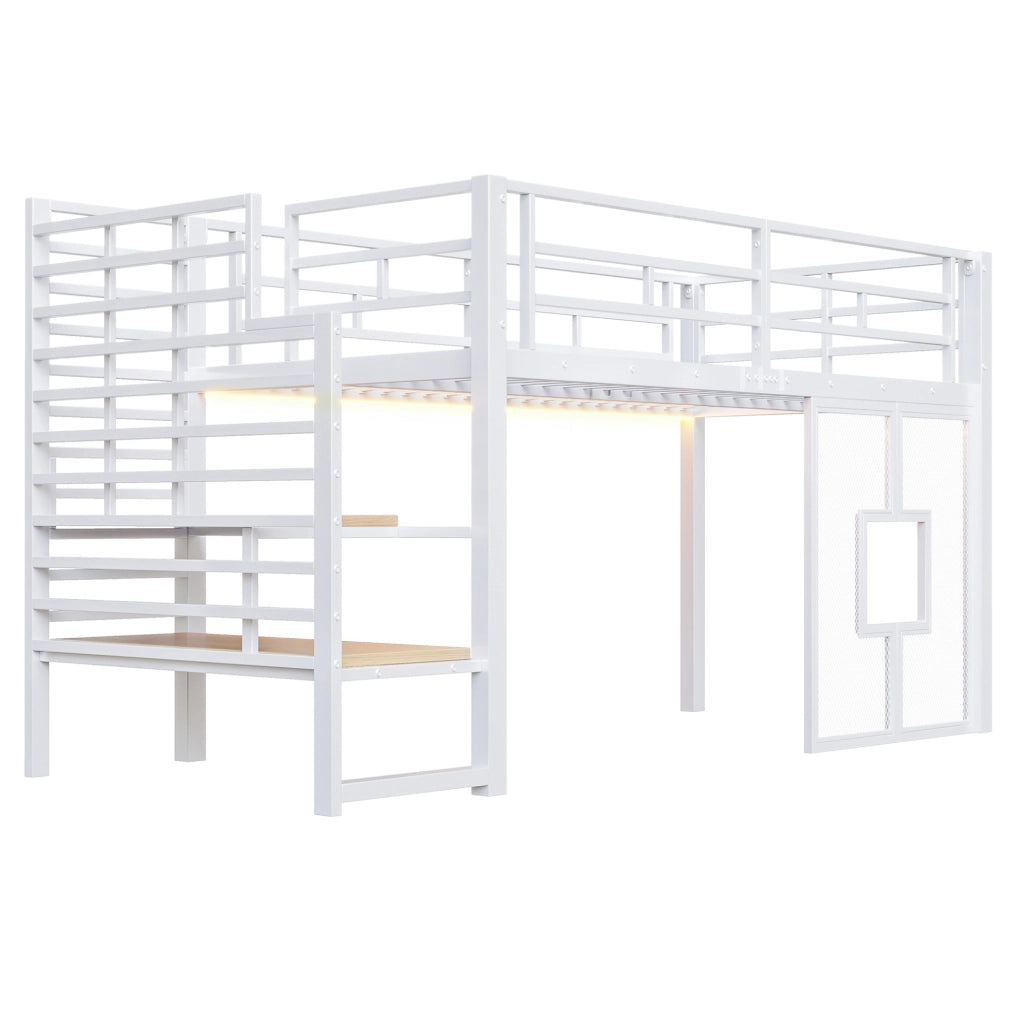 Letto a soppalco 90x200 cm in metallo e MDF con scala LED