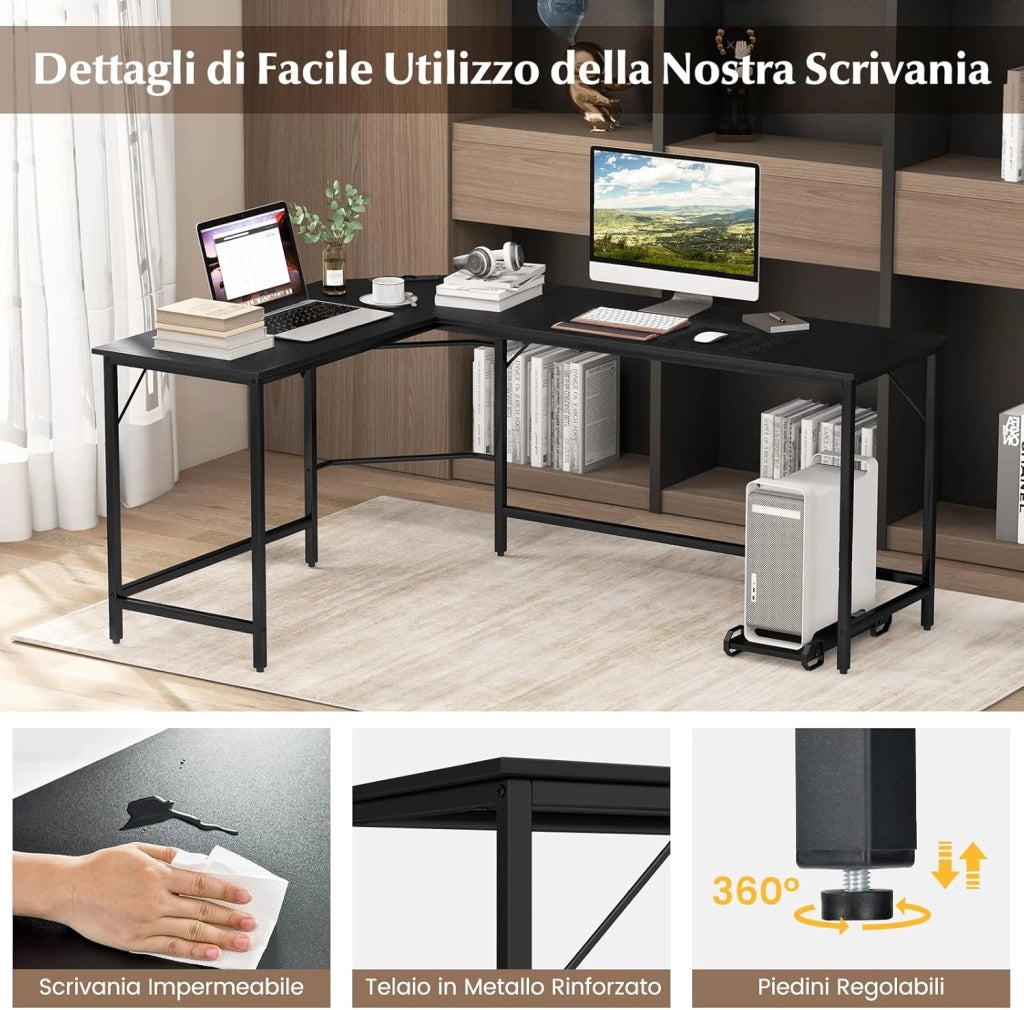 Scrivania Angolare Salvaspazio, Scrivania ad Angolo a Forma di L con Presa di Corrente, Supporto CPU e Telaio in Metallo Resistente, Scrivania per Computer da Casa e Ufficio (Nero)
