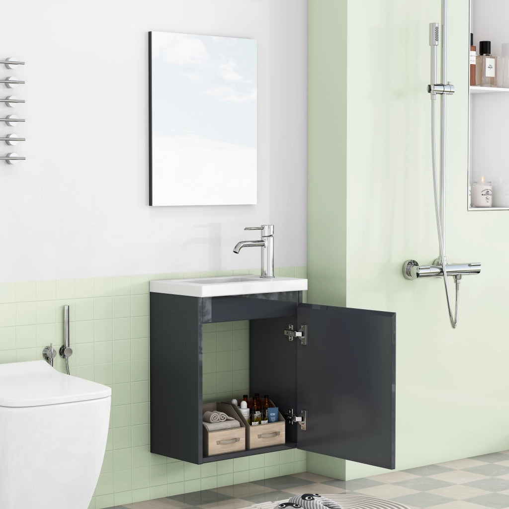 Mobile bagno con lavabo in ceramica e specchio; sospeso; senza maniglie con chiusura ammortizzata; in MDF; grigio