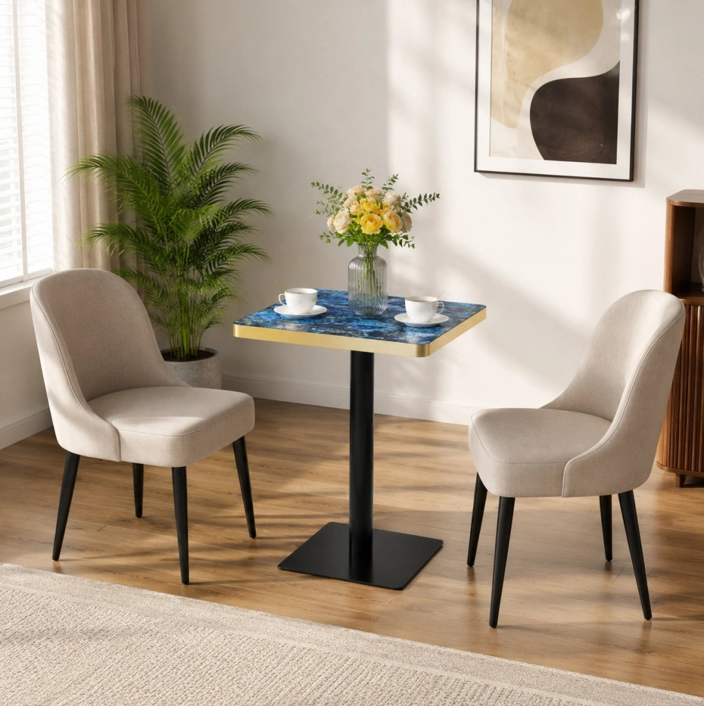 Tavolo quadrato 60x60 cm effetto marmo con struttura in metallo; blu