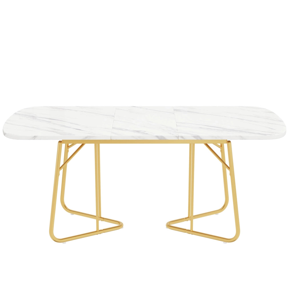 Tavolo da pranzo allungabile bianco effetto marmo; piano in MDF e gambe in metallo dorato