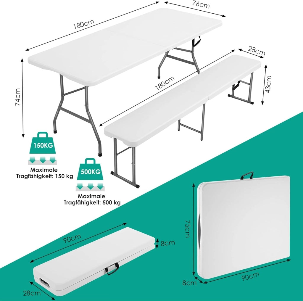 Set Tenda da Birra da 3 Pezzi 183cm, 1 Tavolo e 2 pcs Panche Pieghevoli, Set di Mobili da Giardino in Plastica HDPE, Set Birreria con Manico di Trasporto, per Campeggio Picnic Esterno, Bianco