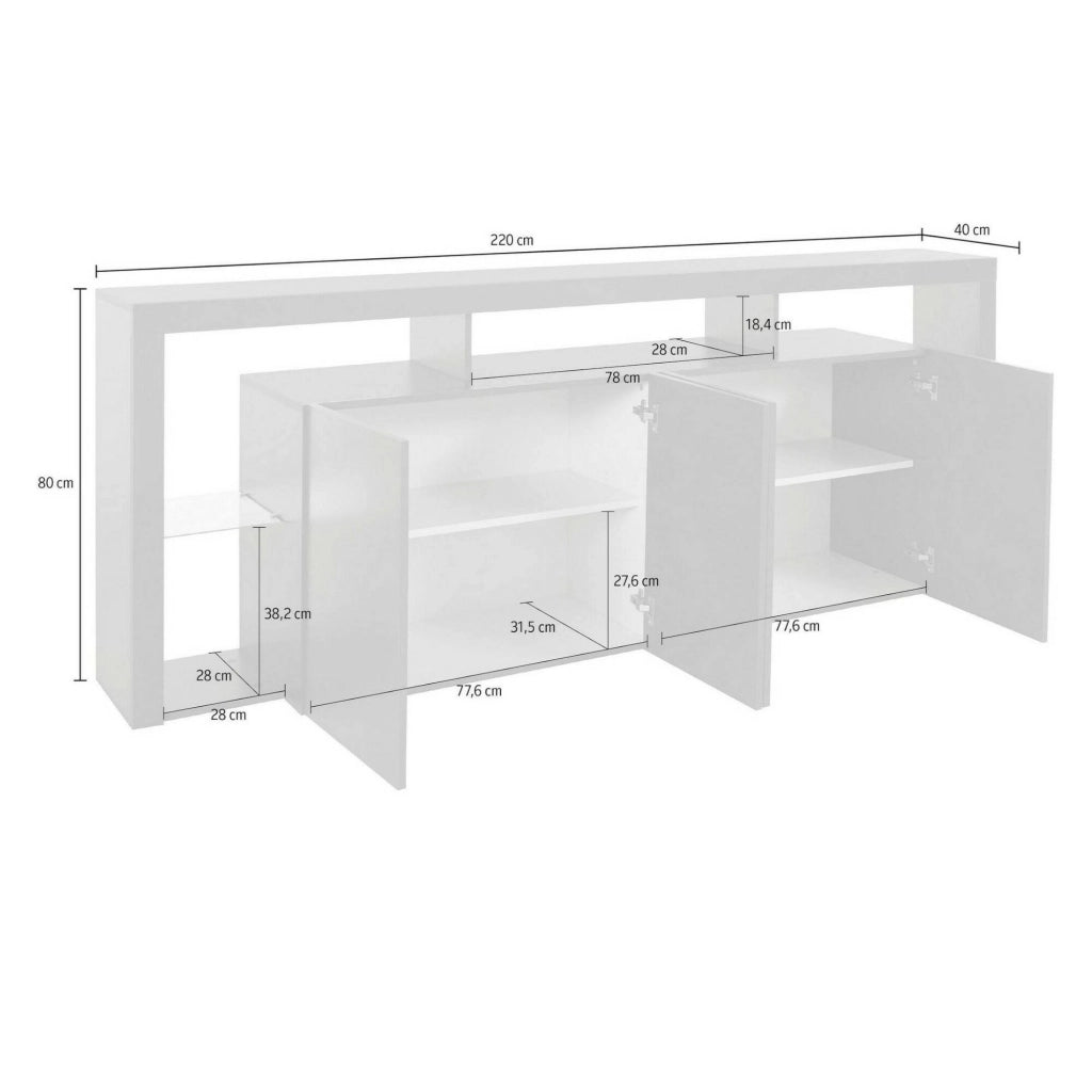 Credenza Atak, Buffet da soggiorno a 4 ante, Madia da salotto, Credenza moderna, 100% Made in Italy, 220x40h80 cm, Bianco lucido