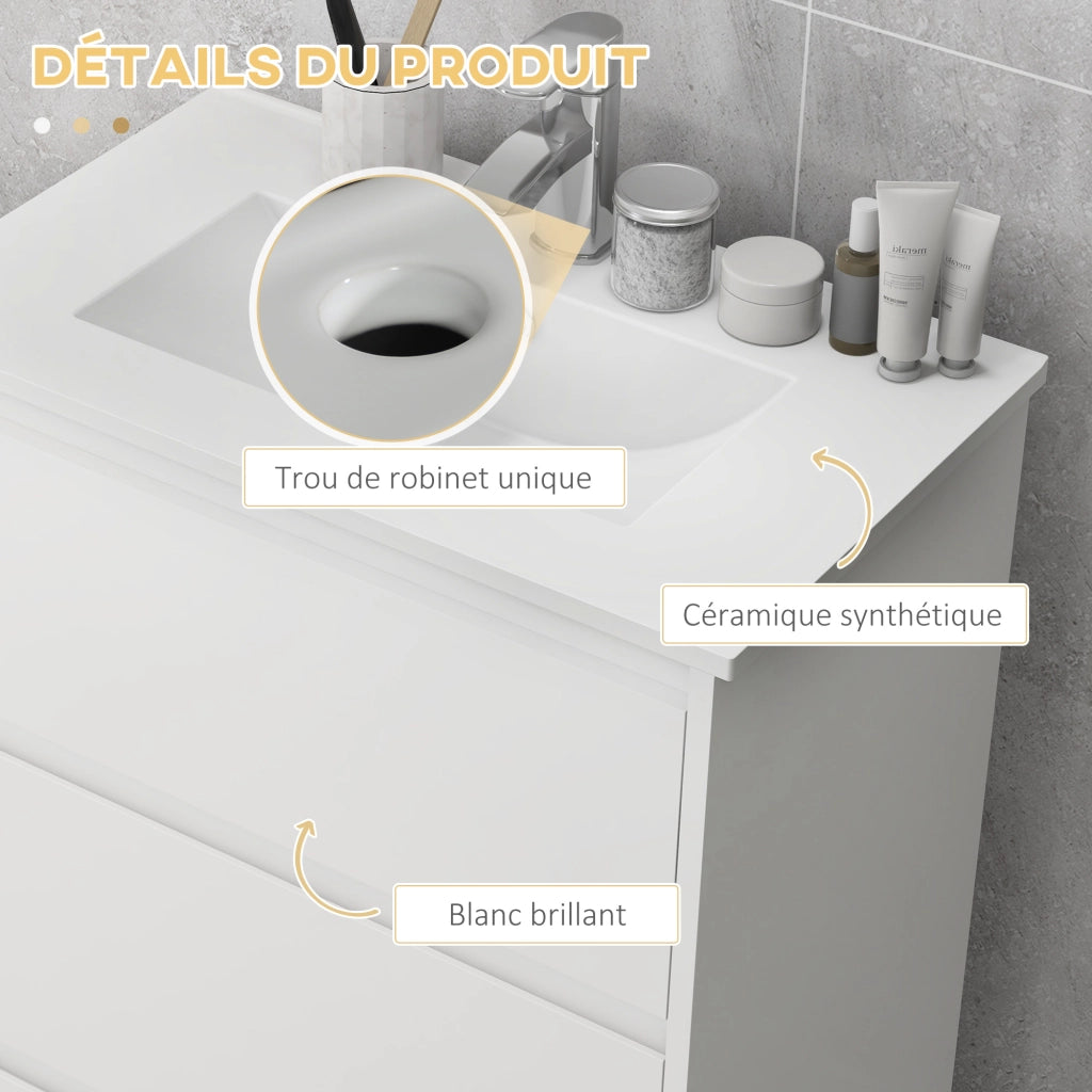 Mobile da Bagno con 2 Cassetti e Lavabo in Ceramica ¨C Zephmum ¨C 61x37x88 cm Bianco Lucido