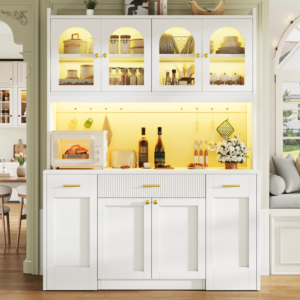 Credenza con 3 vetrine, LED RGB e vani scorrevoli - per cucina - 120x40x187 cm - bianco