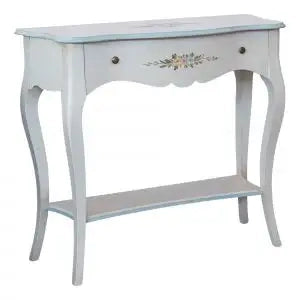 Consolle Lolla in legno Shabby chic bianco anticato decorato filo azzurro con pomelli