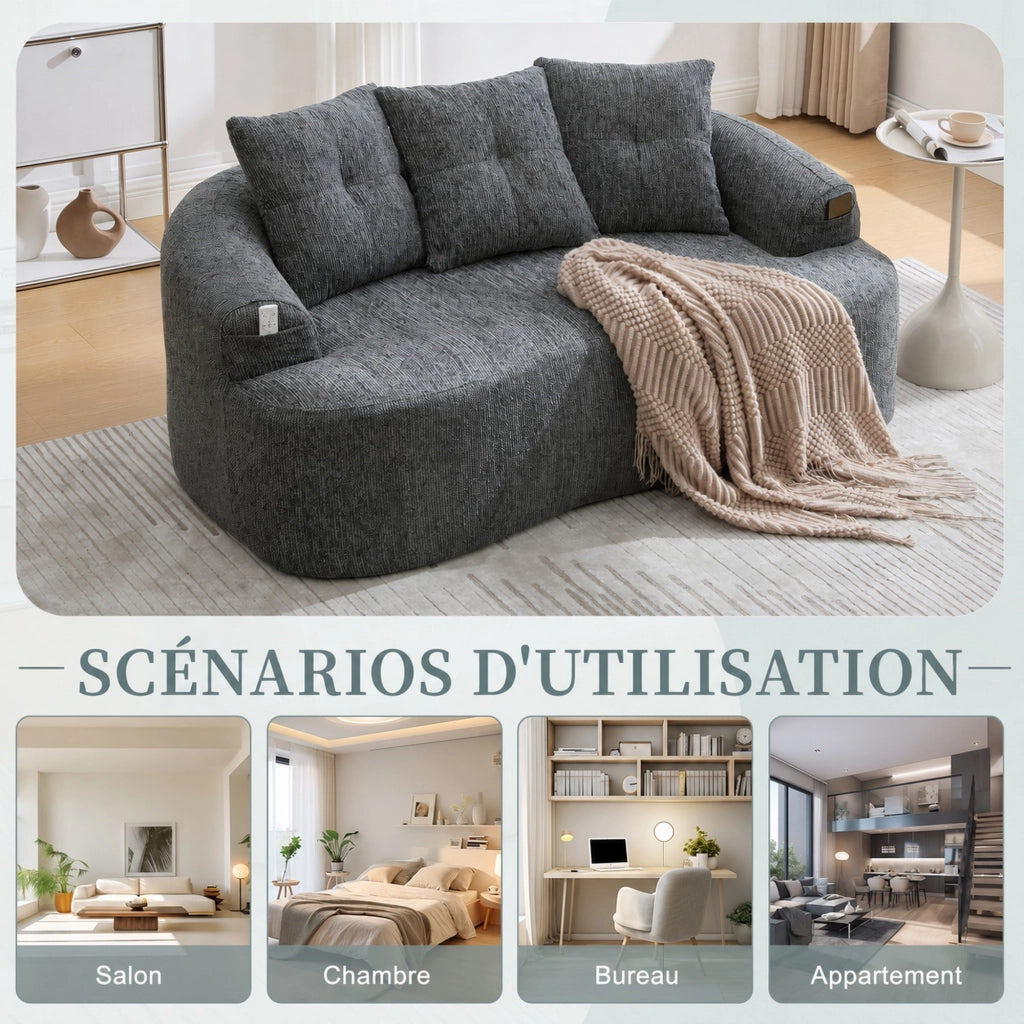 Divano a 2 posti in ciniglia con seduta profonda, molle insacchettate e cuscini imbottiti grigio 164 × 92 × 60 cm