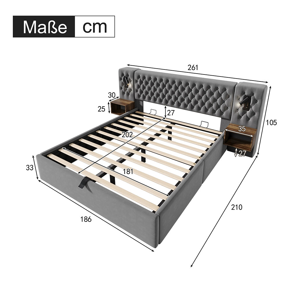Letto con contenitore idraulico 180x200 cm - Xylo - Grigio velluto, 2 comodini, luce e USB
