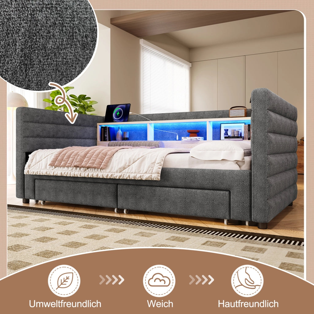 OKWISH Letto a Scomparsa 90×190 cm, Letto Singolo con USB, Tipo C, 2 Cassetti, Vani e LED, senza Materasso, in Velluto, Grigio