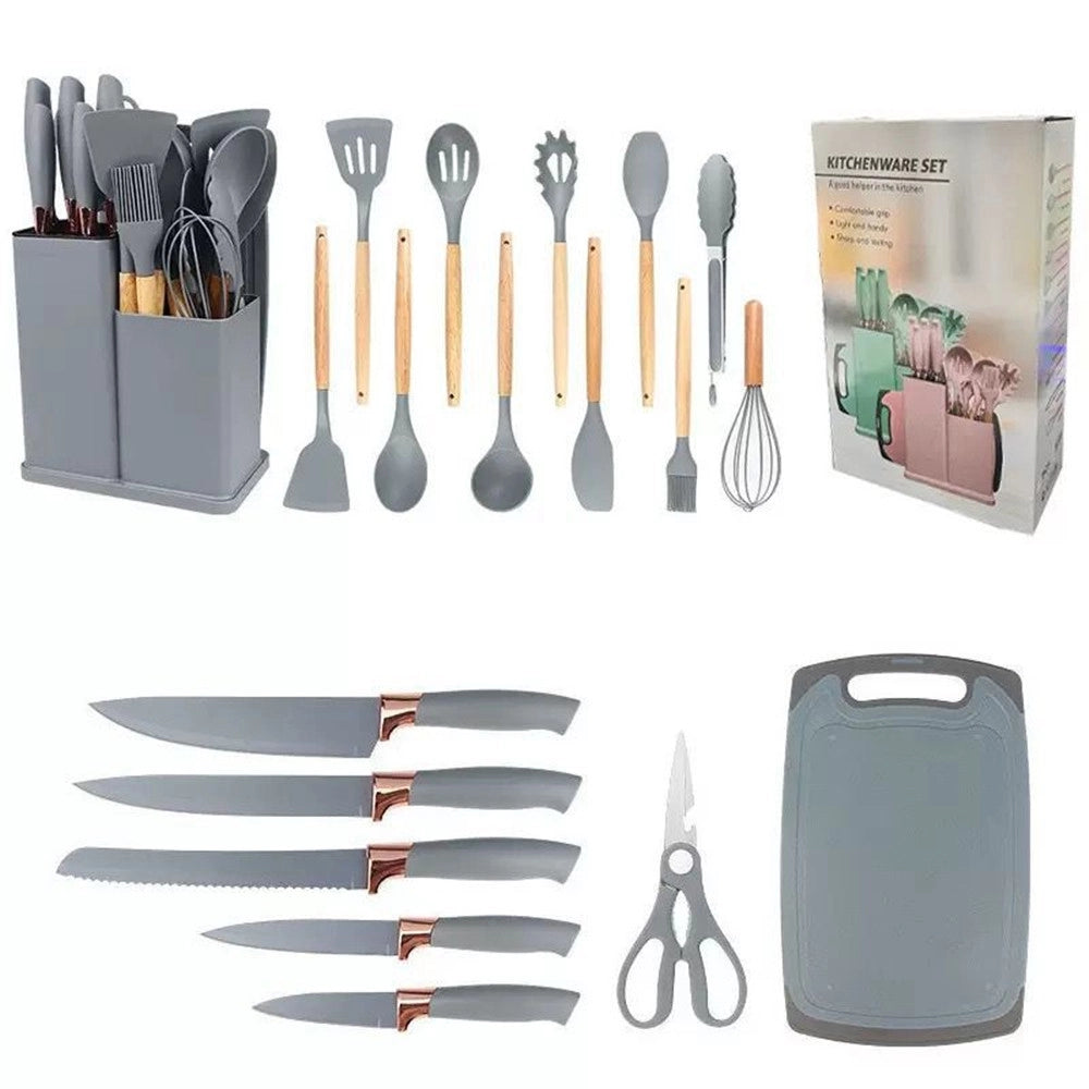 Trade Shop - Set Di Utensili Coltelli Da Cucina Da Chef Da 19 Pezzi In Silicone Con Manico In Legno -