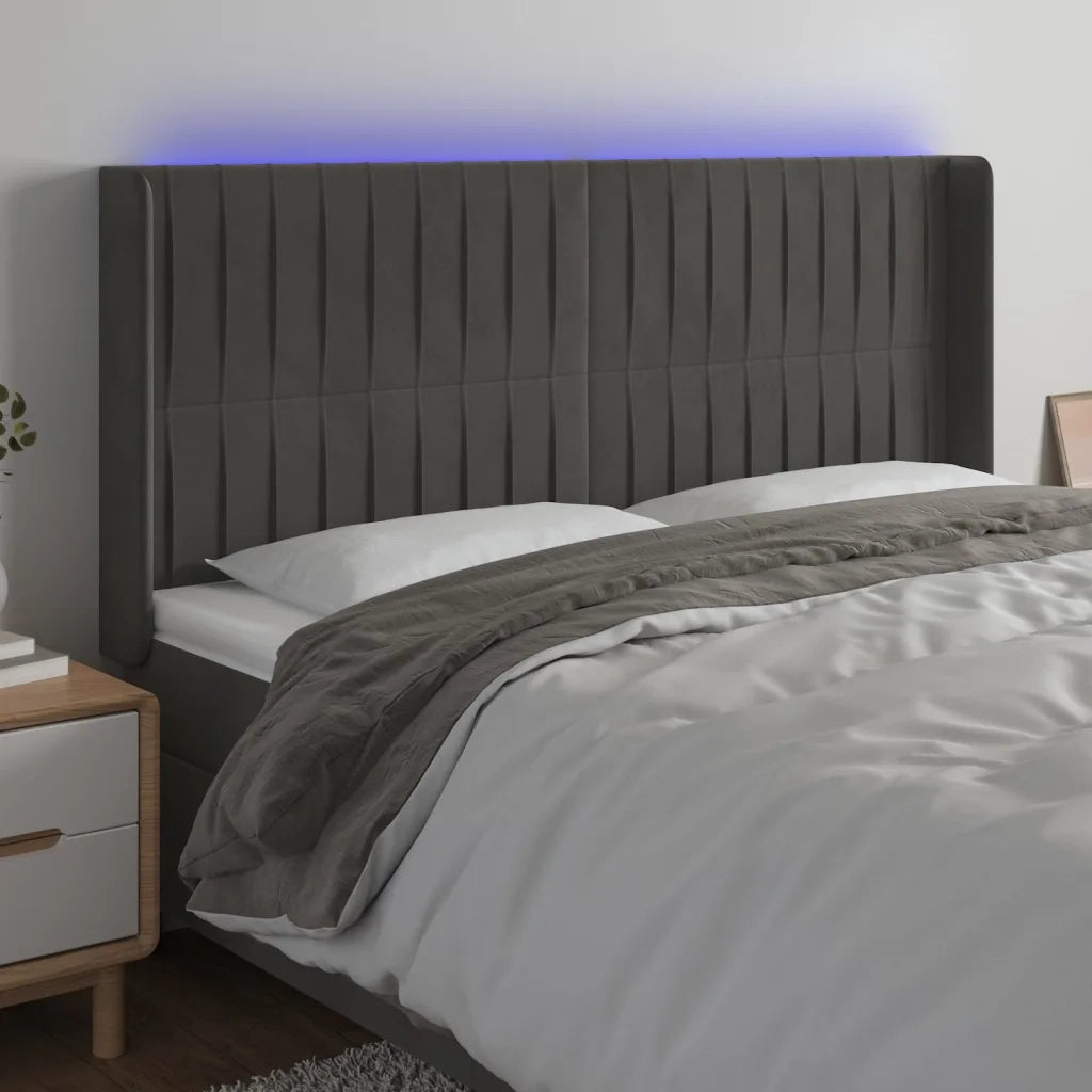 Testiera a LED-Testata con LED Grigio Scuro 163x16x118/128cm in Velluto 332527