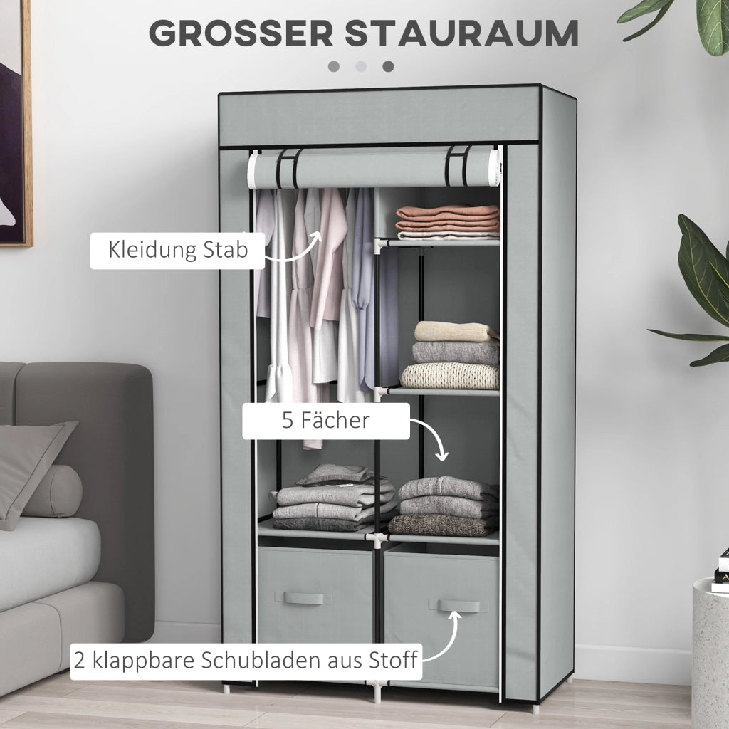 Armadio portatile in tessuto grigio chiaro con 5 ripiani, asta appendiabiti e chiusura a zip