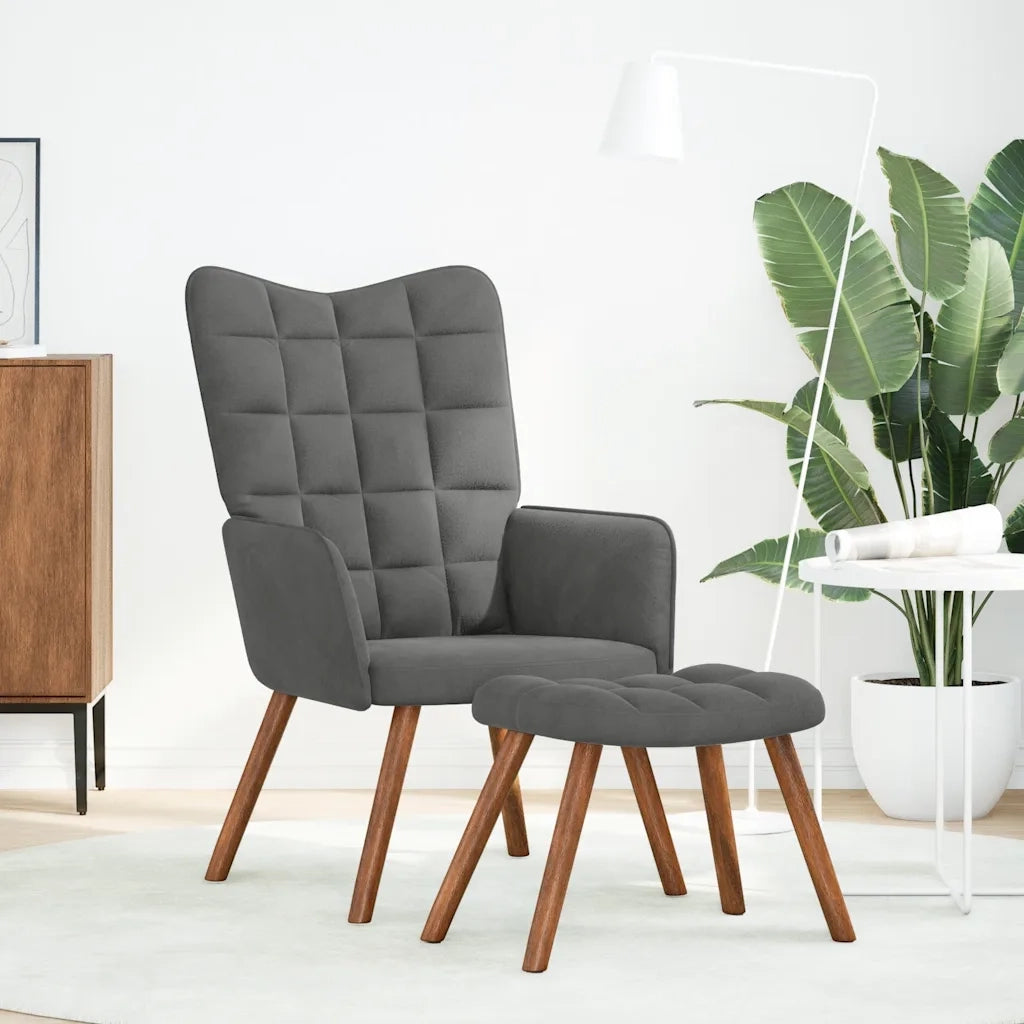 Divano Sedia-Poltrona Relax con Sgabello in Velluto Grigio Scuro
