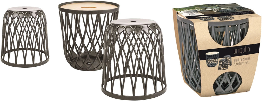 UNIQUBO SET CON 2 SEDUTE TRAFORATE E TAVOLO NATURALE 44,7 X 44,7 X H45 CM