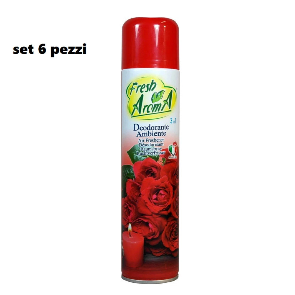 Trade Shop - Set 6 Pz Deodorante Per Ambiente Spray Profumo Casa Fresco 300 Ml Rose Rosse -