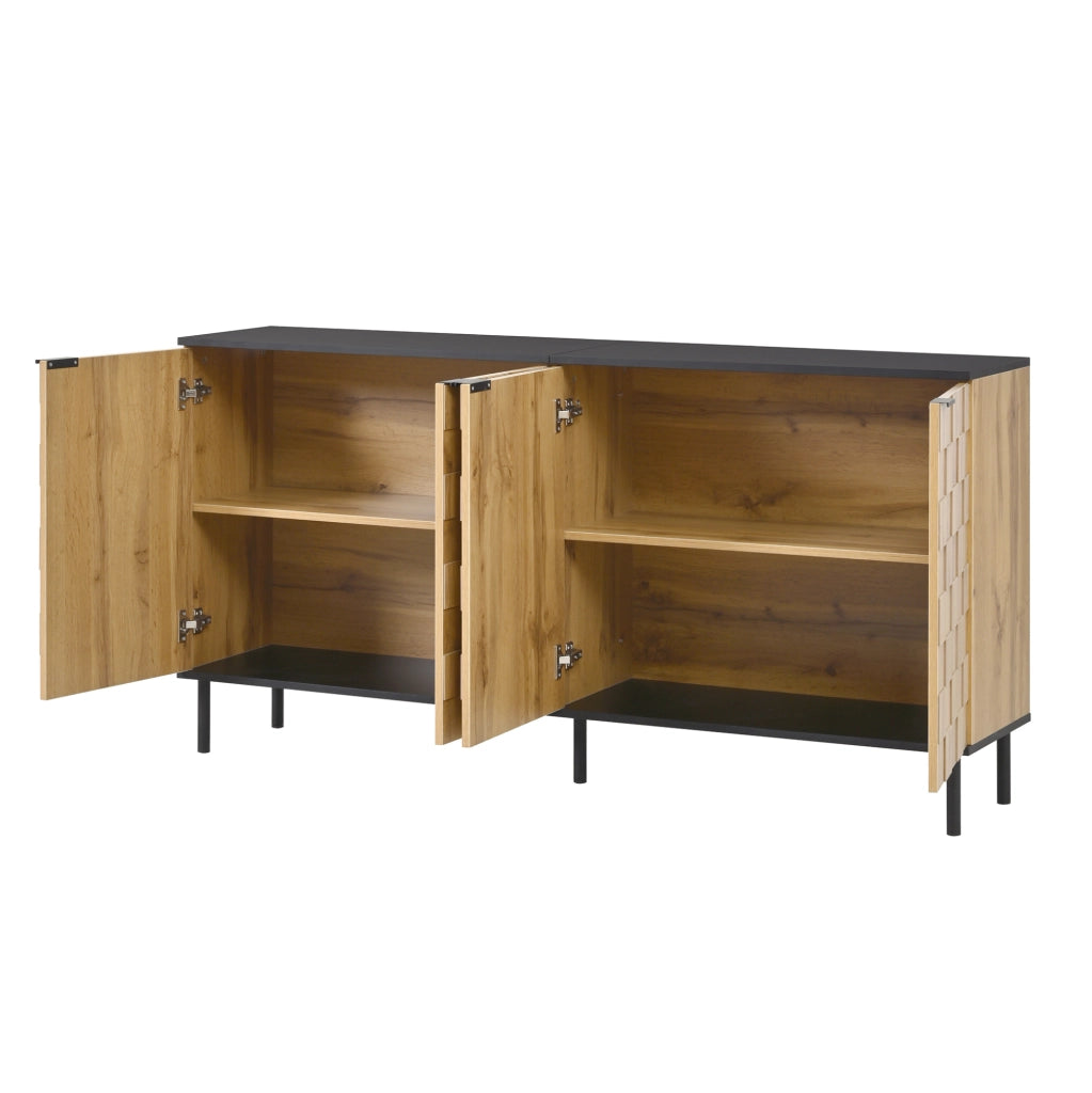 Sideboard 160x35x80.5 cm con 2 ante a mosaico e ripiano fisso in truciolare naturale e nero