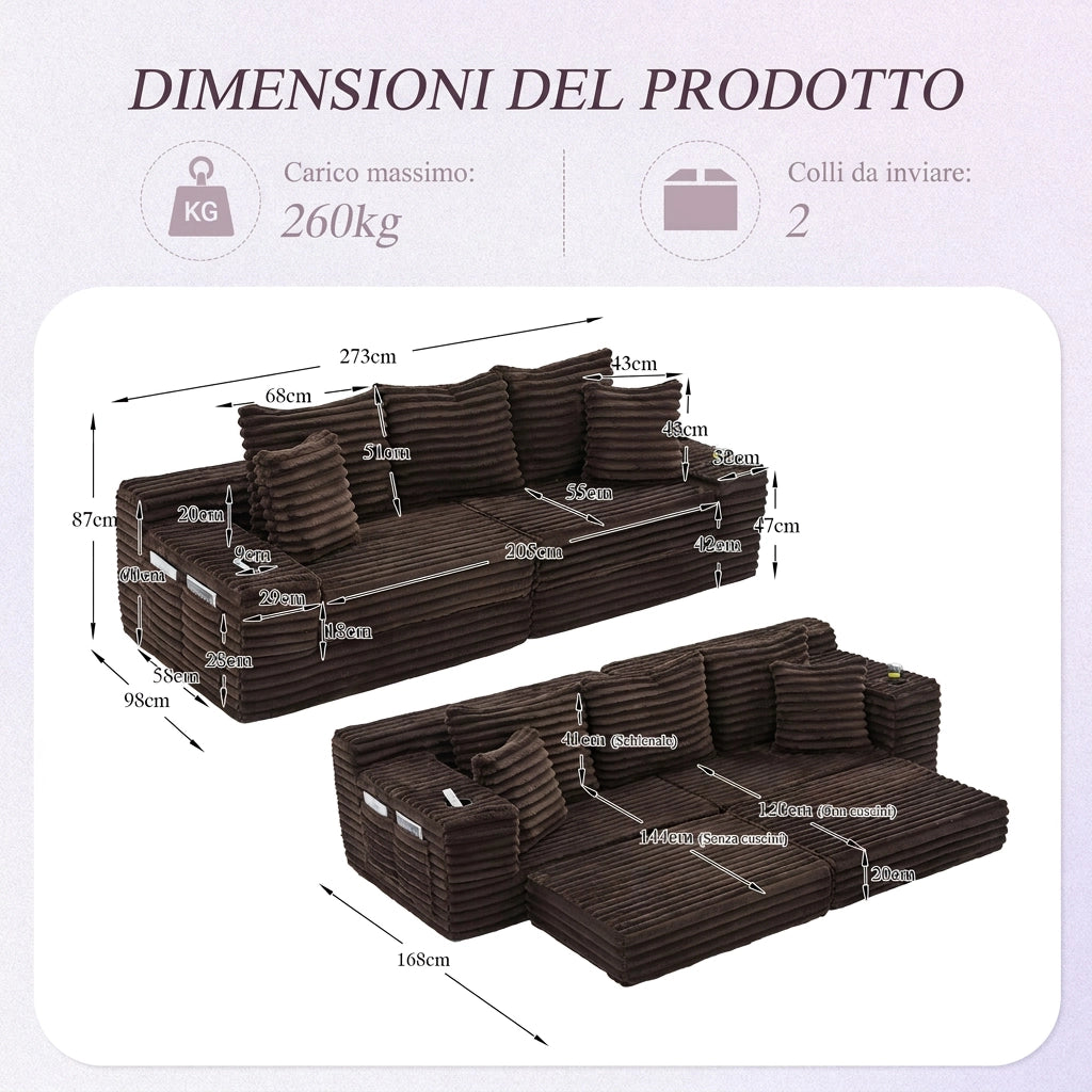 Divano in velluto a coste 4 posti 273 cm; schienale alto e cuscini; tasche e portabicchieri; marrone caffè