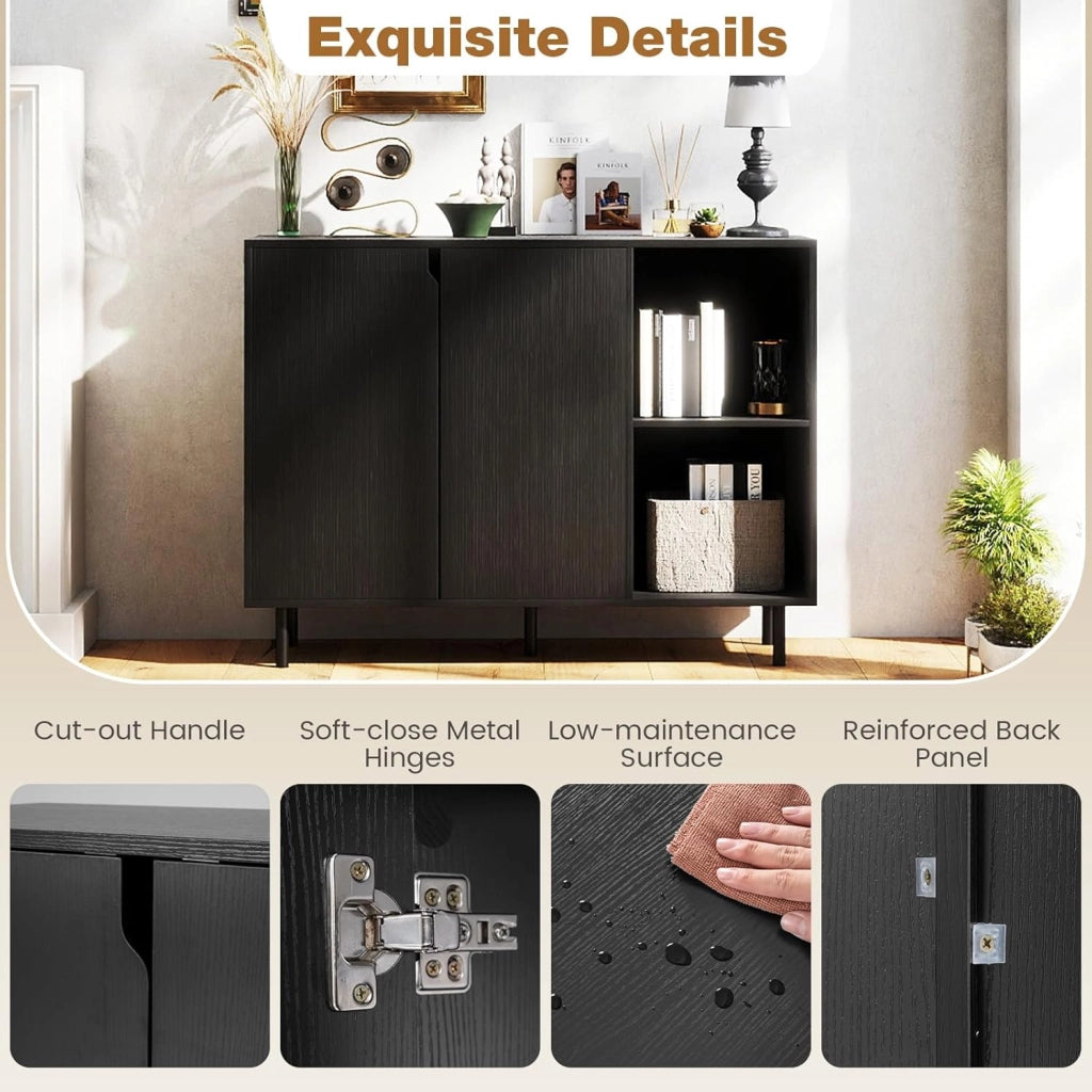 Credenza a buffet da cucina con 2 ante, armadio con ripiani regolabili e gambe metalliche, 106 x 38 x 80 cm, con kit antiribaltamento, mobile per sala da pranzo, soggiorno (nero)