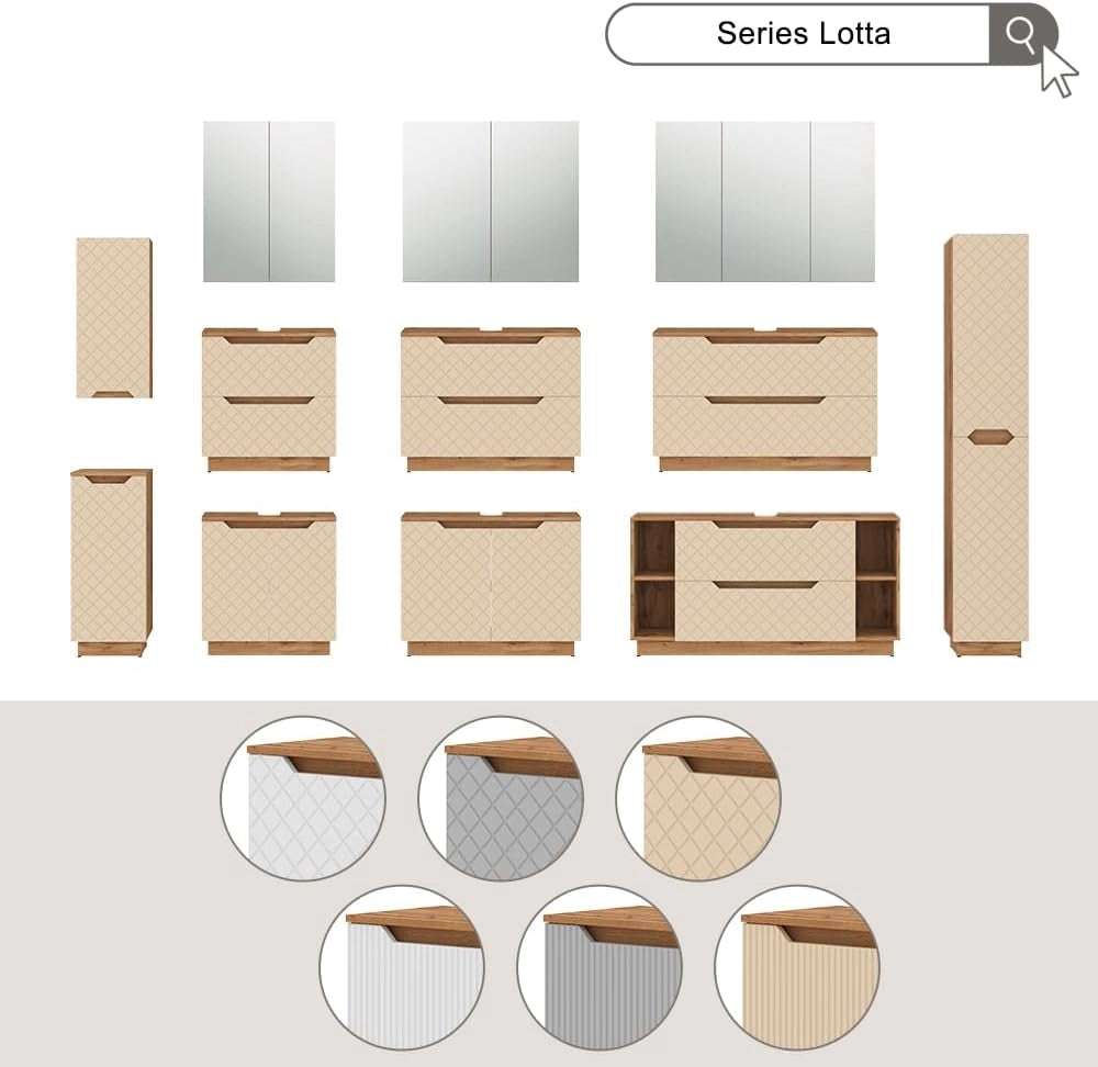 Set di mobili da bagno Lotta, Bianco, 59.8 cm, composto da mobile sottolavabo, specchiera, armadio medio e pensile