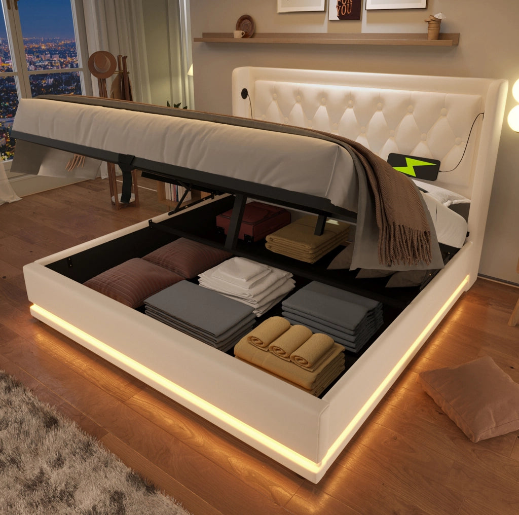Letto contenitore 140x200 cm bianco in PU con LED, ricarica USB-C e materasso H3