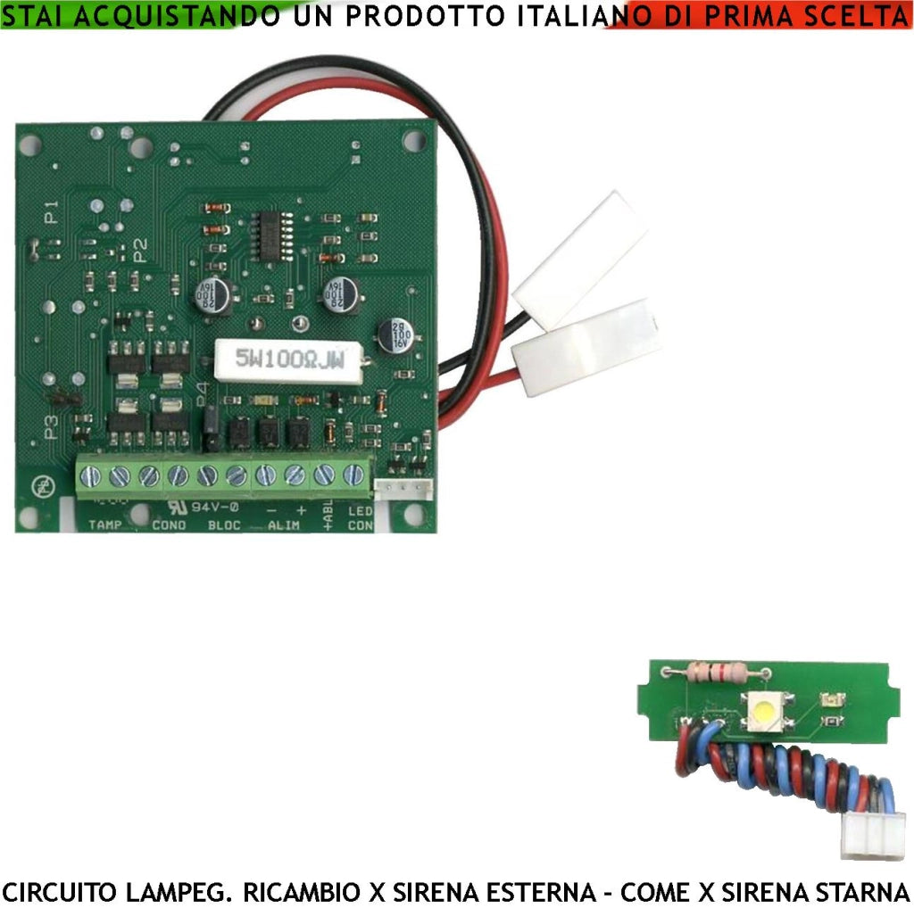 Amplificatore Ricambio Sirena Antifurto Scheda a Led Lampeggiatore per Starna Nota A/B 1724/2475 Hz 110 dB Allarme Caduta +/- Segnale Stato Impianto Alimentazione 12 Vcc Uscita per Tromba da 4 Ω 15 W
