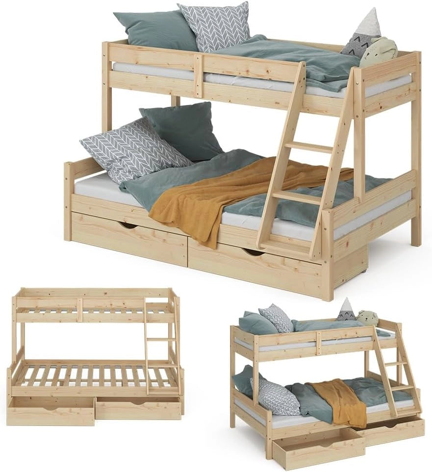 Letto a castello Everest, Legno naturale, 120x200 / 80x200 cm con 2 materassi e 2 cassetti, con scala integrata e sistema di doghe stabile