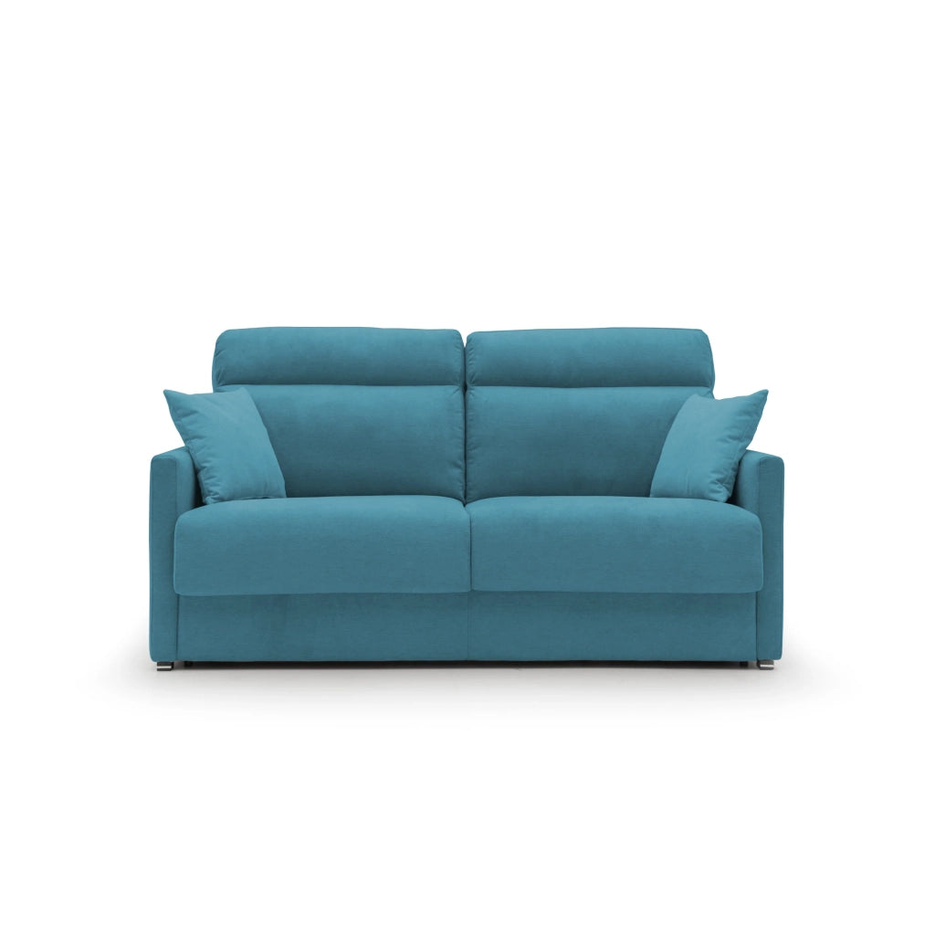 Margot Divano letto matrimoniale con schienale morbido alto in tessuto T02 196 cm (mat. 160x197) azzurro