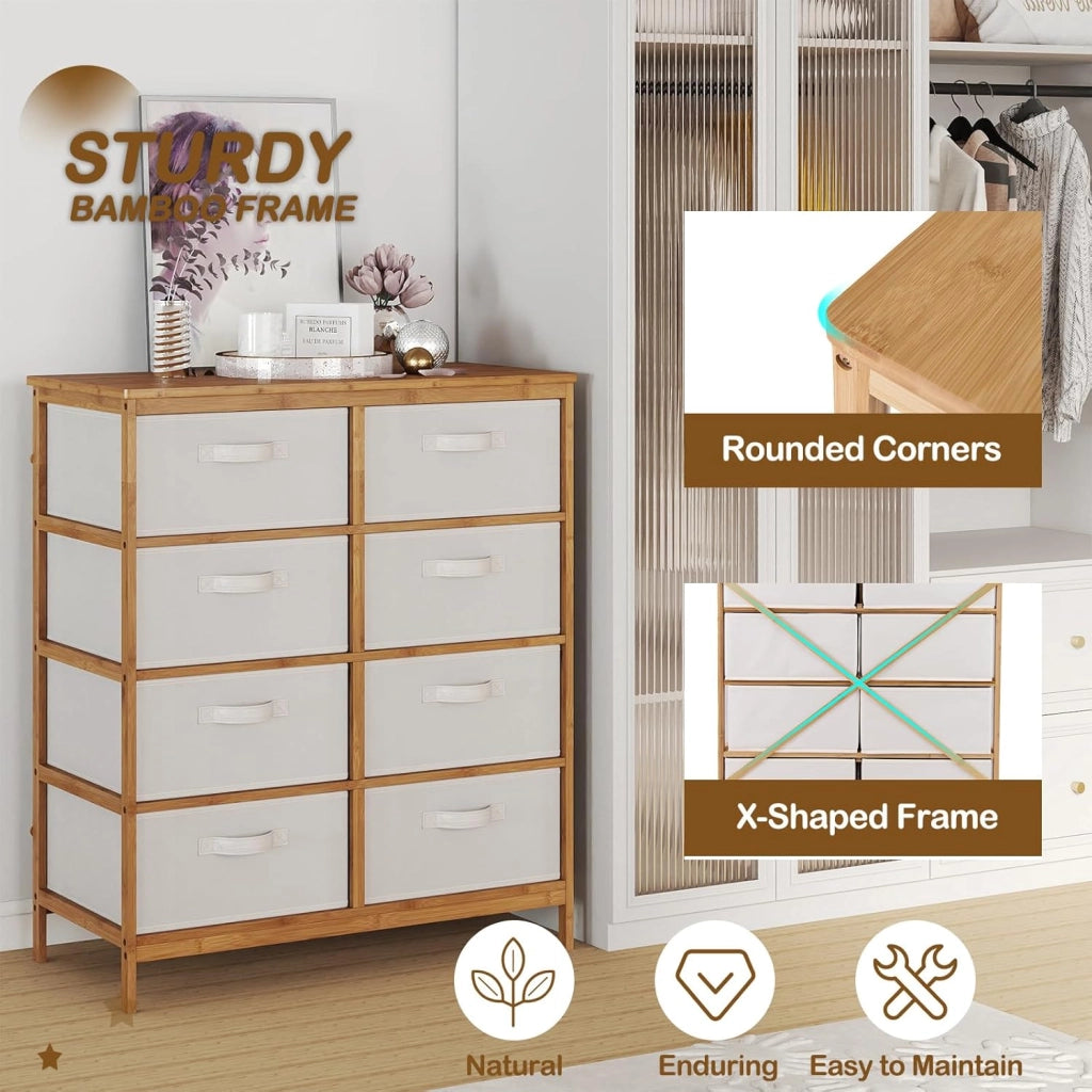 Cassettiera con 8 cassetti in tessuto, cassettiera con protezione antiribaltamento, armadio sottile con superficie in bambù, per camera da letto, soggiorno, ufficio