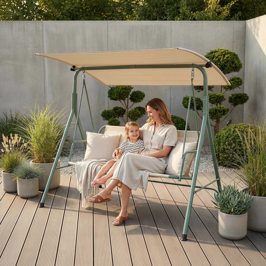 Dondolo da Giardino Satten a 3 Posti con Tettuccio Parasole 173x119x153 cm - Verde Chiaro / Beige [en.casa]