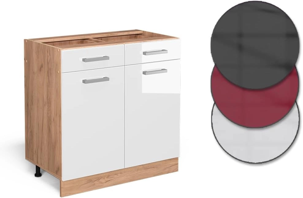 Mobiletto base per cucina R-Line, Bianco lucido, 80 cm senza piano di lavoro, per la libera combinazione all'interno di sistemi cucina modulari