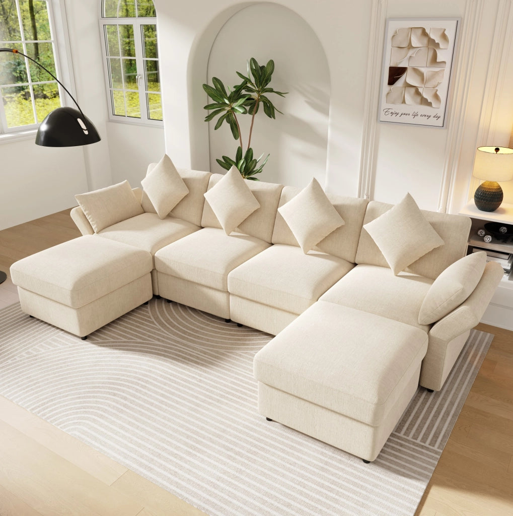 Divano modulare a forma di U/L in tessuto chenille beige con 2 pouf e 4 cuscini decorativi