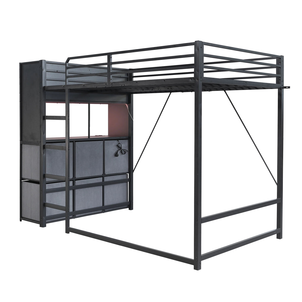 Letto a soppalco 120x200 cm con scala e contenitore laterale in metallo e legno nero e grigio