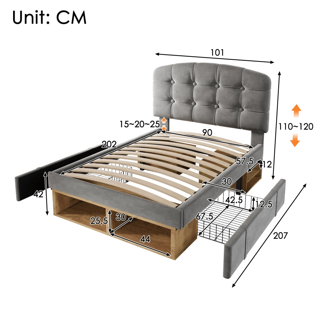 LETTO 90x200 cm Imbottito in Velluto Grigio con Cassetti e Testiera Regolabile