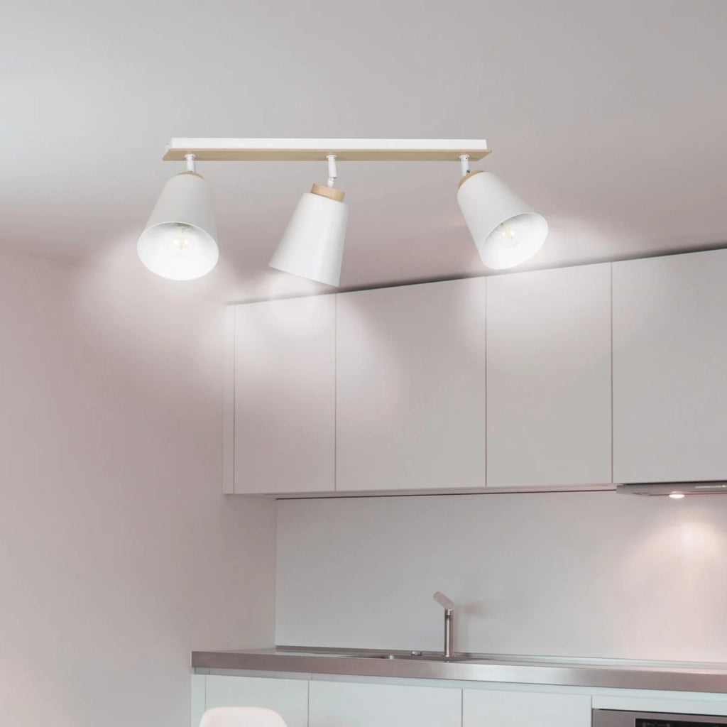 Plafoniera Spot Faretti Orientabili 3 Luci Xiwangmu Acciaio Bianco E Legno Naturale